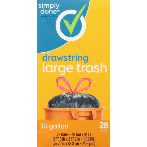 Simply Done Trash Bag, Drawstring, Large, 30 Gallon