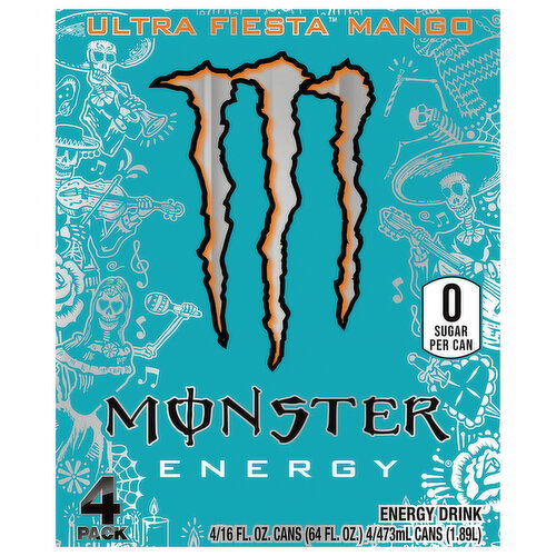 Monster Energy Drink, Zero Sugar, Ultra Fiesta Mango, 4 Pack