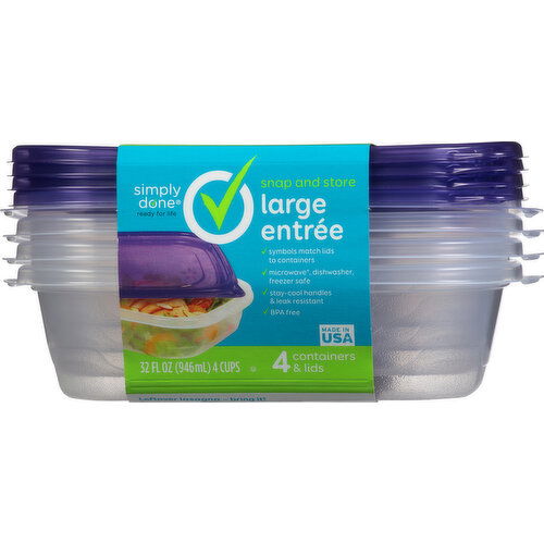 Simply Done Containers & Lids, Large Entree, 4 Cups