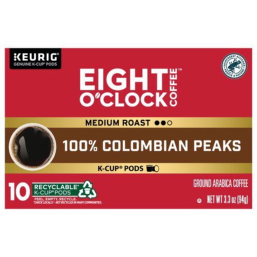 Eight O'Clock Coffee K-Cup Pods Ground Arabica Medium Roast 100% Colombian Peaks Coffee - 10 Each