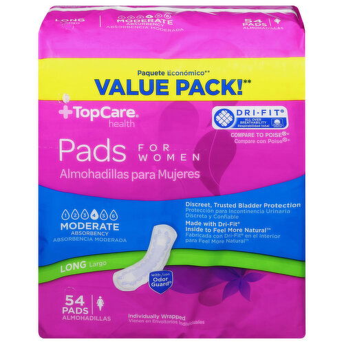 TopCare Pads, for Women, Moderate Absorbency 4, Long, Value Pack