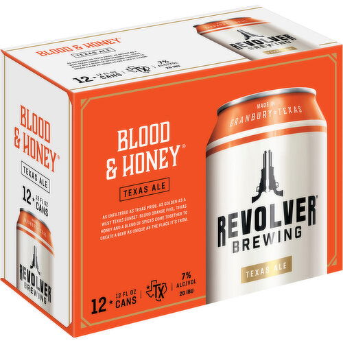 REVOLVER An unfiltered deep golden ale made with malted two-row barley and wheat Light bready malt sweetness with notes of honeysuckle and citrus, balanced by aromatic spices Texas wildflower honey and other spices bring special flavors to this unique beer Strong. - 12 Each