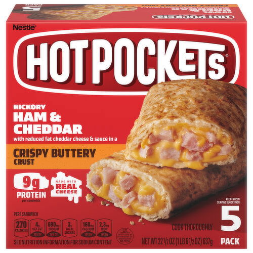 Hot Pockets Sandwiches, Hickory Ham & Cheddar, Crispy Butter Crust, 5 Pack