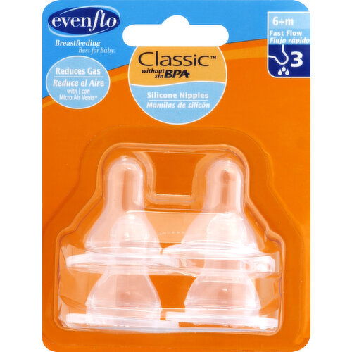 Evenflo Nipples, Silicone, Fast Flow 3, 6+ M