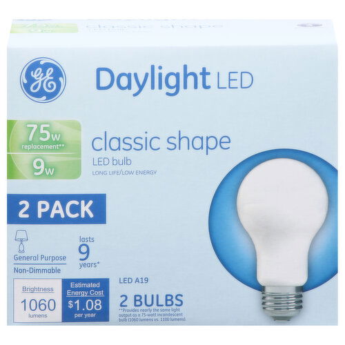 GE Light Bulbs, LED, Daylight, Classic Shape, 9 Watts, 2 Pack