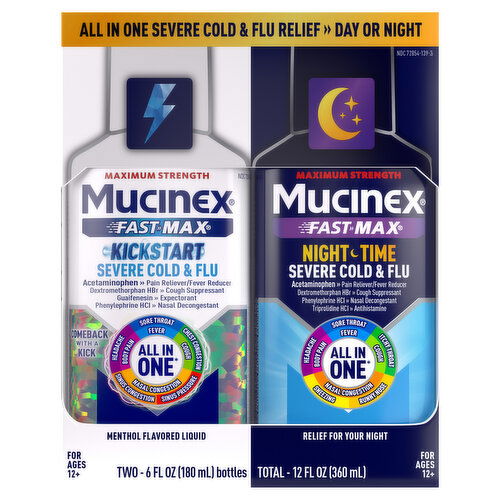 Mucinex Severe Cold & Flu, Maximum Strength, Kickstart/Night Time, Menthol Flavored Liquid/Relief for Your Night