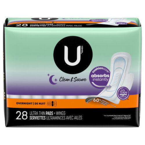 U by Kotex Pads + Wings, Ultra Thin, Overnight