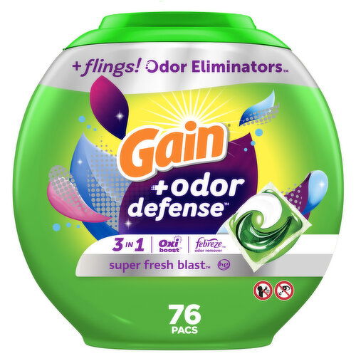 Gain Flings Laundry Detergent Pacs with Odor Defense, Super Fresh Blast - 76 Each