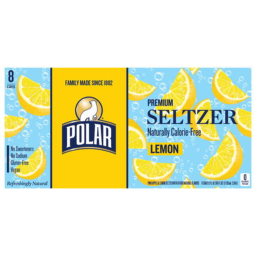 Polar Naturally Calorie-Free Premium Lemon Seltzer - 8 Each