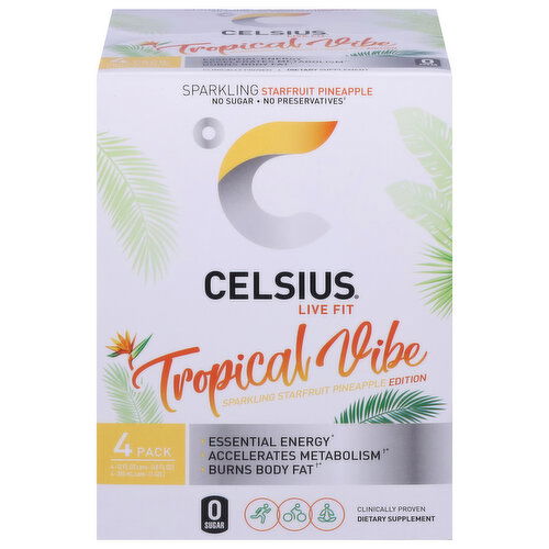 Celsius Energy Drink, Tropical Vibe, 4 Pack