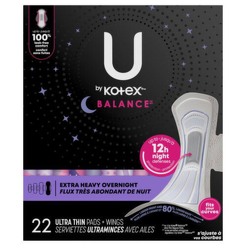 U by Kotex Ultra Thin Extra Heavy Overnight Pads + Wings - 22 Each