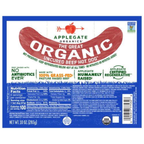 Applegate Naturals Organic Uncured Beef Hot Dog - 10 Ounce