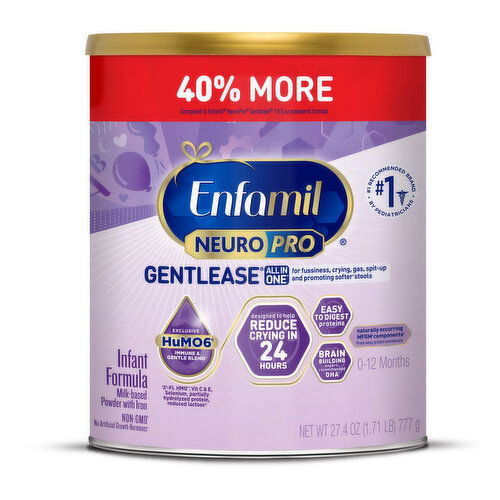 Enfamil Our Gentlease formula is for gassy, fussy babies and is clinically proven to reduce fussiness, crying, gas, and spit-up within 24 hours of use. Complete nutrition through 12 months, easy-to-digest proteins, and vitamins & minerals for immune health.