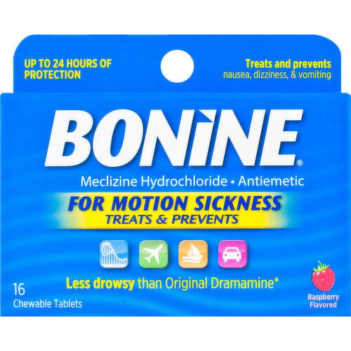 Bonine Meclizine Hydrochloride, For Motion Sickness, Raspberry Flavored, Chewable Tablets