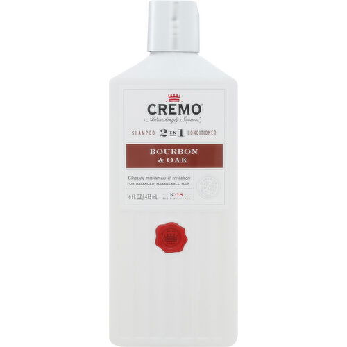 Cremo Shampoo & Conditioner, 2 in 1, Bourbon & Oak - 16 Fluid Ounce