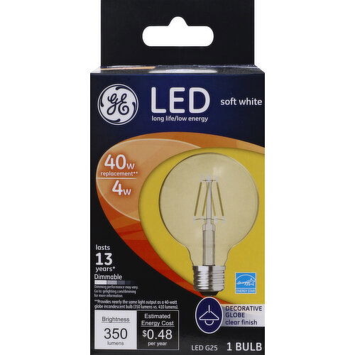 GE Light Bulb, LED, Globe, Soft White, 4.5 Watts