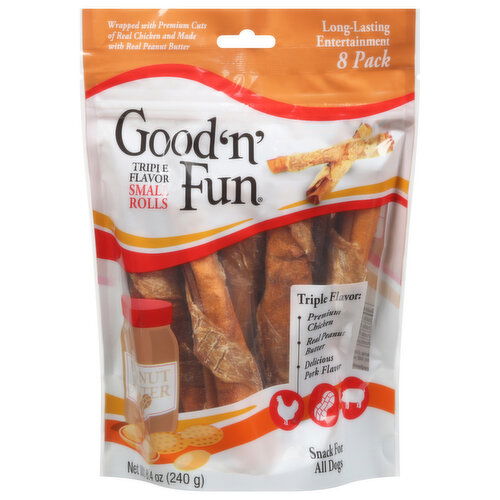 Good 'n' Fun Snack for All Dogs, Small Rolls, Triple Flavor, 8 Pack