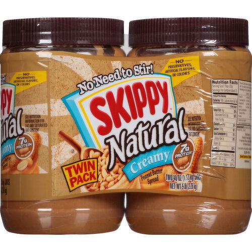 Skippy Peanut Butter Spread, Natural, Creamy, Twin Pack