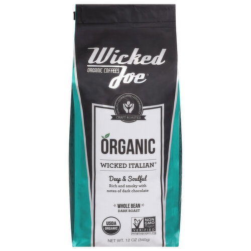 Wicked Joe Coffee, Organic, Whole Bean, Dark Roast, Wicked Italian