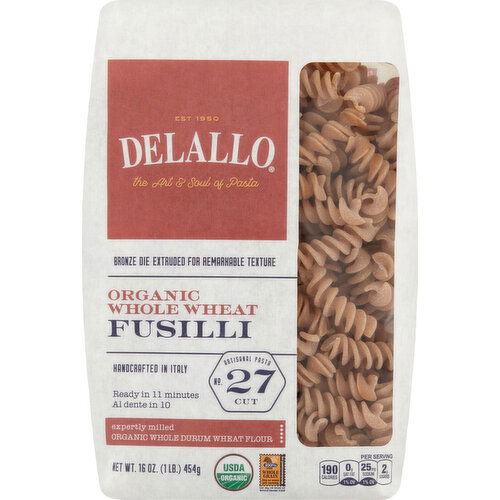 Delallo Fusilli, Organic, Whole Wheat, No. 27 Cut