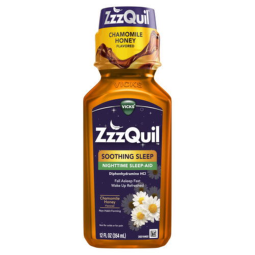 Vicks ZzzQuil, Nighttime Sleep Aid Liquid, Soothing Sleep, 50mg Diphenhydramine HCl, Chamomile Honey Flavored, No.1 Sleep Aid Brand, Fall Asleep Fast, Non-Habit Forming, 12 FL OZ