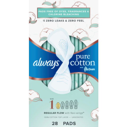 Always Pads, Pure Cotton with Flexfoam, Regular Flow with Flexi-Wings, Unscented, Size 1