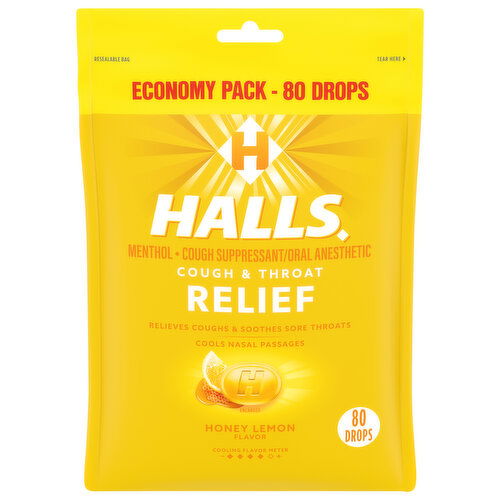 HALLS Relief Honey Lemon Cough Drops, Economy Pack, 80 Drops