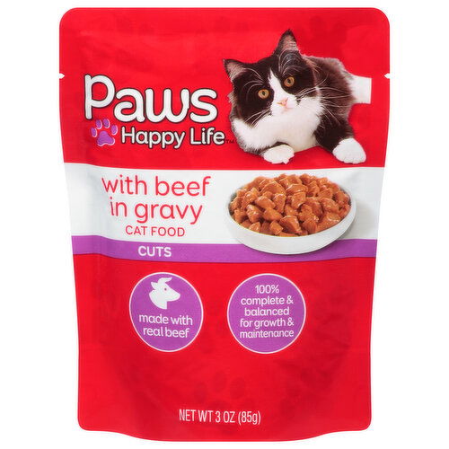 Paws Happy Life Cat Food, with Beef in Gravy, Cuts