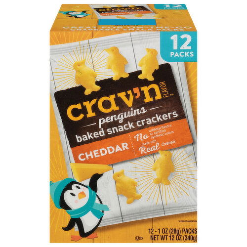 Crav'n Flavor Baked Snack Crackers, Cheddar, Penguins, 12 Packs