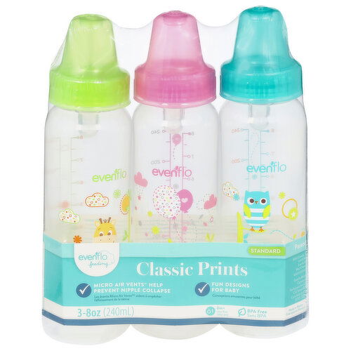 Evenflo Feeding Bottle, Standard, Classic Prints, 0M+, 8 Ounce