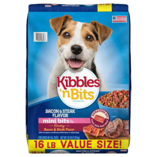 Kibbles 'n Bits Dog Food, Bacon & Steak Flavor, Savory, Mini Bits, Value Size