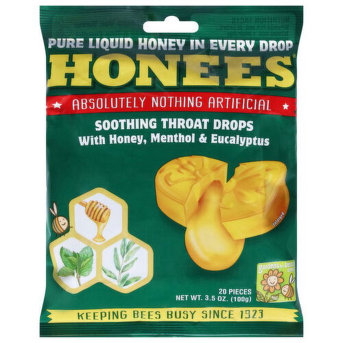 Honees Throat Drops, with Honey, Menthol & Eucalyptus, Soothing