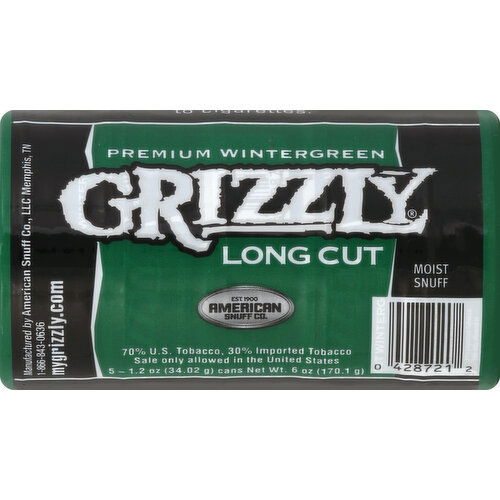 Grizzly Snuff, Moist, Long Cut, Premium Wintergreen