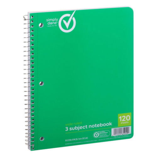 Simply Done Wide Ruled 3 Subject Notebook