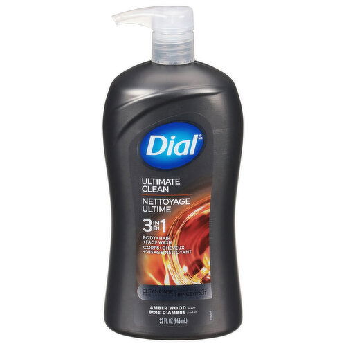 Dial Body + Hair + Face Wash, Ultimate Clean, 3 in 1, Amber Wood Scent