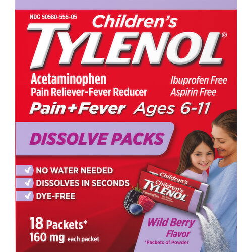 Tylenol Pain + Fever, Children's, 160 mg, Packets, Wild Berry Flavor, Dissolve Packs