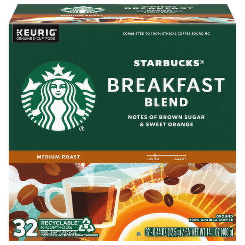 Starbucks Coffee, Breakfast Blend, Ground, Medium Roast, 100% Arabica, K-Cup Pods