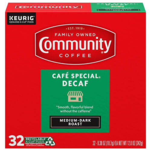 Community Coffee Coffee, Cafe Special, Medium Dark Roast, Decaf, K-Cup Pods