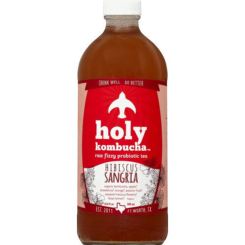 Holy Kombucha Tea, Raw Fizzy Probiotic, Hibiscus Sangria