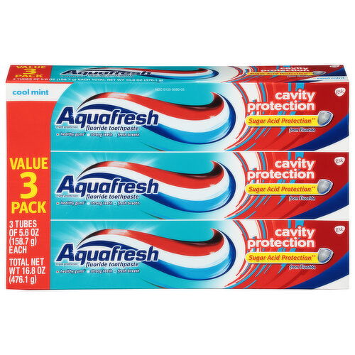 Aquafresh Toothpaste, Fluoride, Cavity Protection, Cool Mint, Value 3 Pack