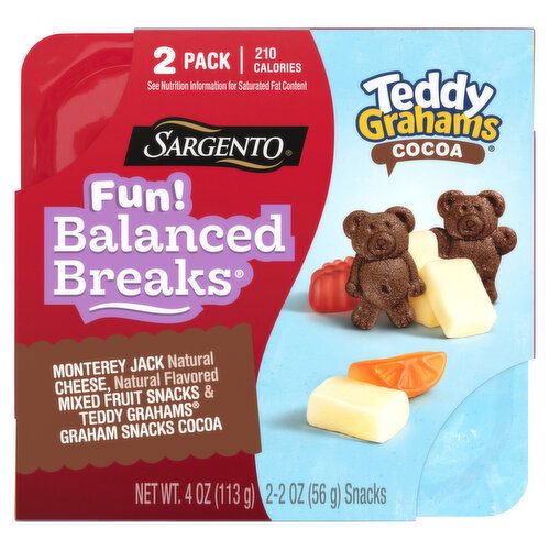 Sargento Fun! Balanced Breaks, Monterey Jack Cheese/Mixed Fruit Snacks & Teddy Grahams Graham Snacks Cocoa, 2 Pack