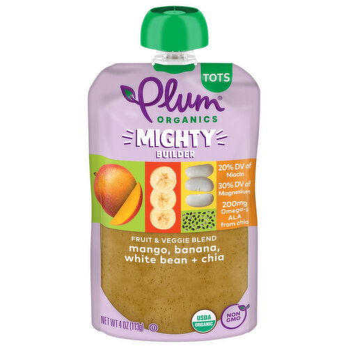 Plum Organics Fruit & Veggie Blend, Tots, Mango, Banana, White Bean + Chia