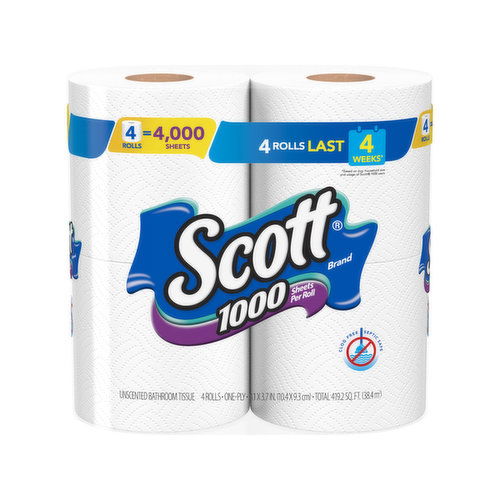 Scott Bathroom Tissue, 1000, Unscented, One-Ply