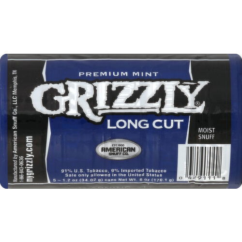 Grizzly Snuff, Moist, Long Cut, Premium Mint - 5 Each