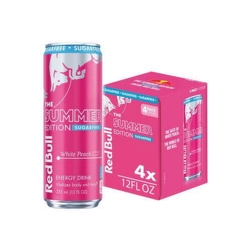 Red Bull Summer Edition Sugarfree Energy Drink, White Peach, with 114mg Caffeine, Taurine & B Vitamins - 4 Each