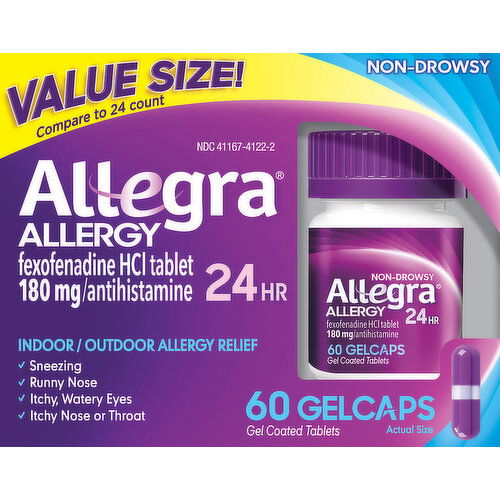 Allegra Allergy Relief, Indoor/Outdoor, Non-Drowsy, 24 Hr, Value Size, Gelcaps