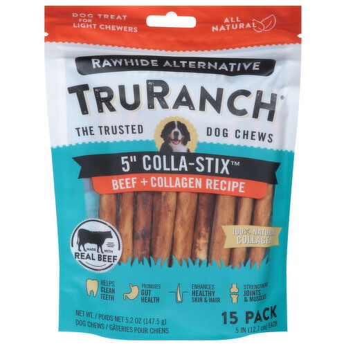 TruRanch Dog Chews, Beef + Collagen Recipe, Light Chewers, 5 Inch, 15 Pack