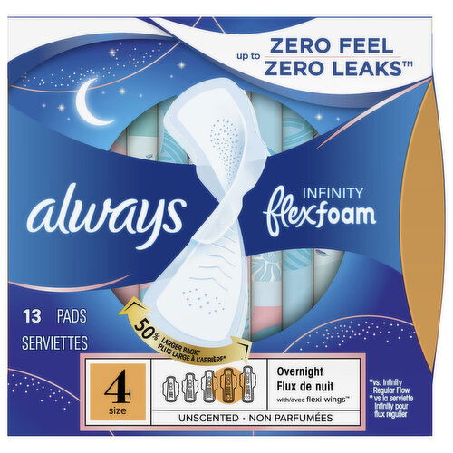 Always Pads, with Flexi-Wings, Overnight, Unscented, Size 4