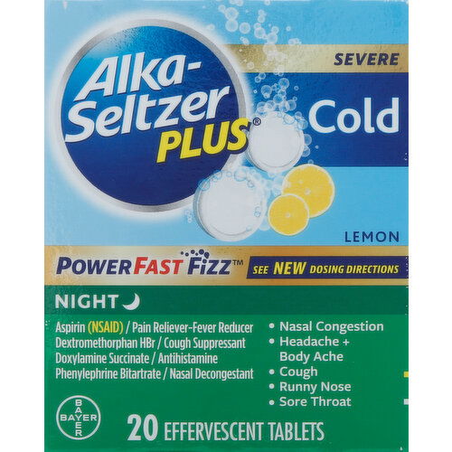 Alka-Seltzer Plus Cold, Severe, Night, PowerFast Fizz, Effervescent Tablets, Lemon