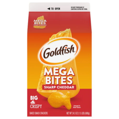 Goldfish Baked Snack Crackers, Sharp Cheddar, Big & Crispy, Mega Bites